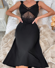 Sexy Lace Panel Satin Midi Nightdress