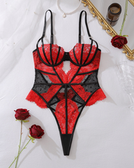 Sexy Red & Black Lace Mesh Cutout Bodysuit