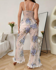 Sexy Floral Mesh See-through Ruffled Camisole and Trousers Pajama Set