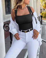 Women's Square Neck Sleeveless Knit Ribbed Vest Bodysuit