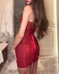 Sexy Christmas Shimmering Strapless Drawstring Dress