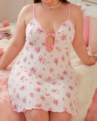 Plus Size Floral Cutout Bow-Detail Cami Babydoll Lingerie Dress