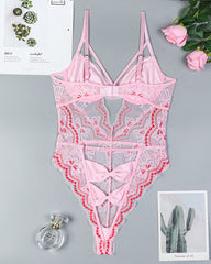Hip Bow Hollow Sexy Lace Contrast Color Bodysuit