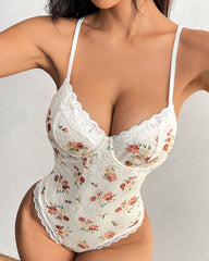 Floral Lace Sexy Slim-fit Backless Halter Rope Bodysuit