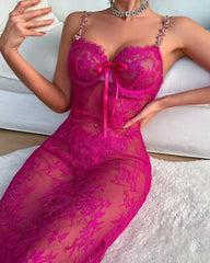 Sexy Floral Lace Mesh See-through Long Camisole Nightgown