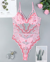 Hip Bow Hollow Sexy Lace Contrast Color Bodysuit