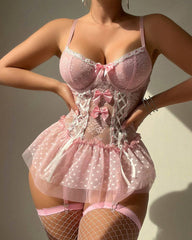 Sexy Underwire Gathered Transparent Mesh Bow One-Piece Lingerie