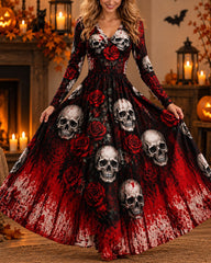 Halloween Cosplay Retro Print Long Sleeve Dress