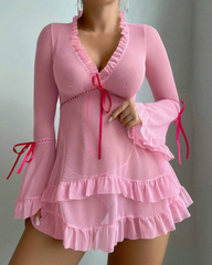 Sexy Sheer Mesh Ruffle Long Sleeve Babydoll Lingerie