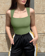 Women's Square Neck Sleeveless Knit Ribbed Vest Bodysuit