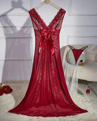 Sexy Deep V-neck High Slit Lace See-through Long Nightgown