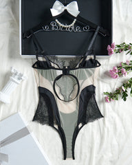 Sexy Mesh See-Through Lace Patchwork Colorblock Bodysuit