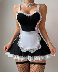Sexy Lace Patchwork Open Back Maid Uniform Lingerie Set