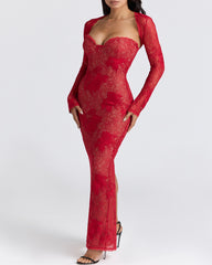 Sexy Floral Lace Strapless Bodycon Slit Long Dress and Long-sleeved Cover-up Set