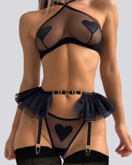 Mesh See-through Halter Neck Heart with Stockings Shaping exy Lingerie Set