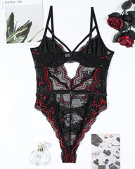 Hip Bow Hollow Sexy Lace Contrast Color Bodysuit