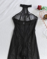 Vertical Striped See-Through Tulle Slim-Fitting Sexy Halterneck Jumpsuit