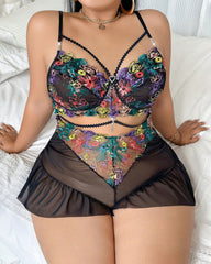 Sexy Semi Transparent Mesh Colorful Floral Embroidery Bodysuit