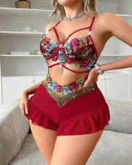 Sexy Semi Transparent Mesh Colorful Floral Embroidery Bodysuit