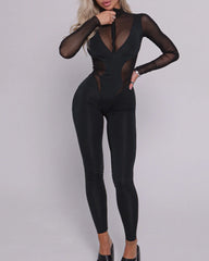 Sexy Mesh See-through Spliced Elastic Band Zipper Long-sleeved and Long-legged Fitness Bodysuit