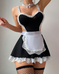 Sexy Lace Patchwork Open Back Maid Uniform Lingerie Set