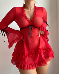 Sexy Sheer Mesh Ruffle Long Sleeve Babydoll Lingerie