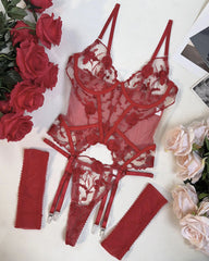 Blue Flower Embroidered Mesh Hollow Sexy Bodysuit