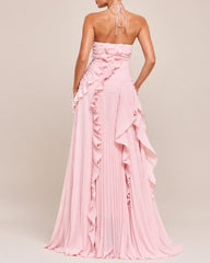 Halter Neck Backless Ruffled Maxi Dress