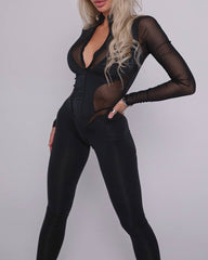 Sexy Mesh See-through Spliced Elastic Band Zipper Long-sleeved and Long-legged Fitness Bodysuit