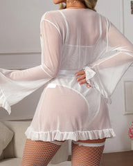 Sexy Lace Slip Dress Mesh See-through Tie-up Robe Loungewear Set
