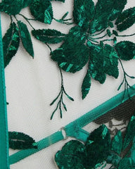 Green Sexy Floral Embroidered Sheer Mesh Bodysuit