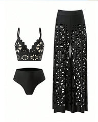 Deep V Neck Cutout Bikini Swimsuit and Wide-leg Pants