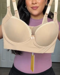 Women's Lace Trim Wide Back Underwire Long Body Shaping Push-up Bra