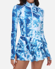 Beach Vacation Print UPF50+ Ruffled Skirt Long Sleeve One-Piece Swimsuit