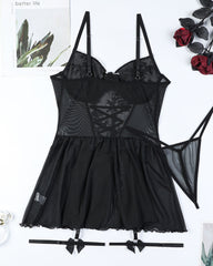 Sexy Lace Mesh See-Through Straps Cross Bow Mesh Ruffled Nightdress
