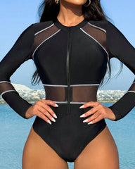Mesh-paneled Zipper Long-sleeved Onesie Swimsuit Surfwear
