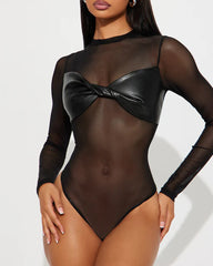 Sexy PU Leather Mesh Long-Sleeved Slim Fit Bodysuit