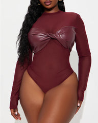 Sexy PU Leather Mesh Long-Sleeved Slim Fit Bodysuit