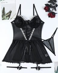 Sexy Lace Mesh See-Through Straps Cross Bow Mesh Ruffled Nightdress