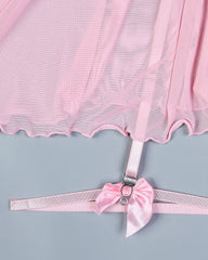 Sexy Lace Mesh See-Through Straps Cross Bow Mesh Ruffled Nightdress