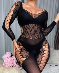 Sexy Sheer Lace Cutout Long Sleeve Bodystocking