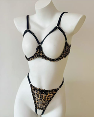 Sexy Leopard Lace Open-Cup Strappy Bra & High-Cut Thong Lingerie Set