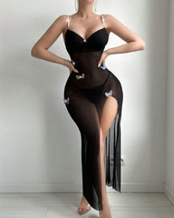 3D Three-dimensional Butterfly Mesh See-through High-slit Long Nightgown