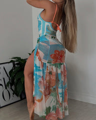 Retro Floral Colorblock Swimsuit and Cover-up Set