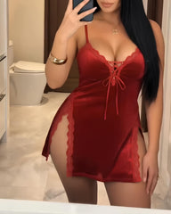 Christmas Sexy Velvet Deep V Hollow-Out Lace-up Nightgown