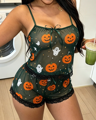 Halloween Pumpkin & Ghost Mesh Cami Pajama Set