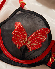 Sexy Colorblock Mesh Sheer Butterfly Embroidery Lingerie Set