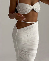 Pearl-embellished Sexy Cropped Tube Top Low-waisted Bodycon Maxi Skirt Suit