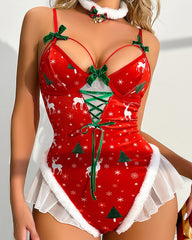 Christmas Fun Printed Sexy Colorblock Open-Crotch Bodysuit