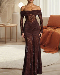 Sexy Lace Off-shoulder Fitted Long-sleeved Fishtail Maxi Dress